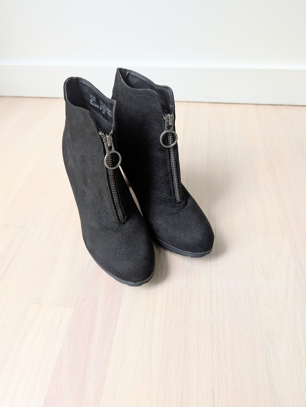 Women’s Black Vegan Suede Front-Zip Ankle Booties